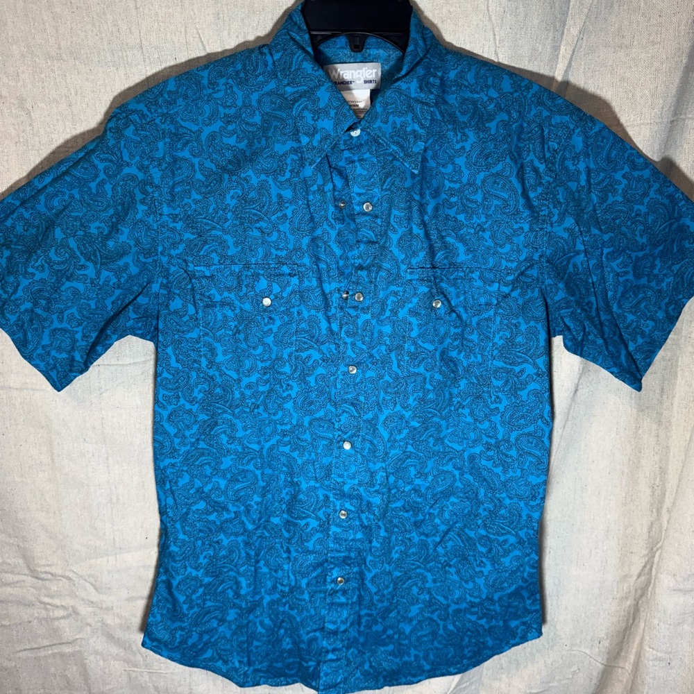 Wrangler Men's Teal Paisley Patterned Button Down Shirt with Pearl snaps